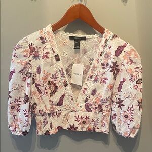 Forever 21 Floral Puff Sleeve Cropped Blouse Size Small